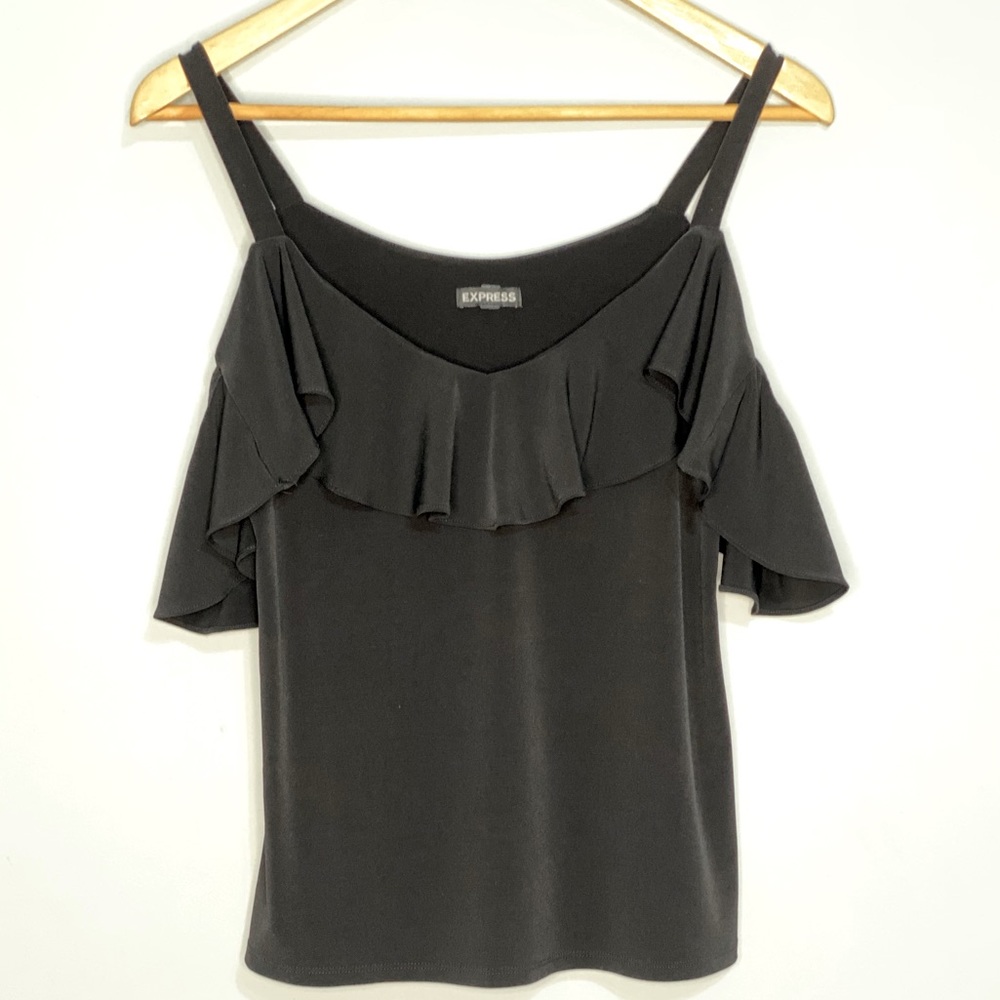Express Black Ruffle Overlay Cold Shoulder Blouse